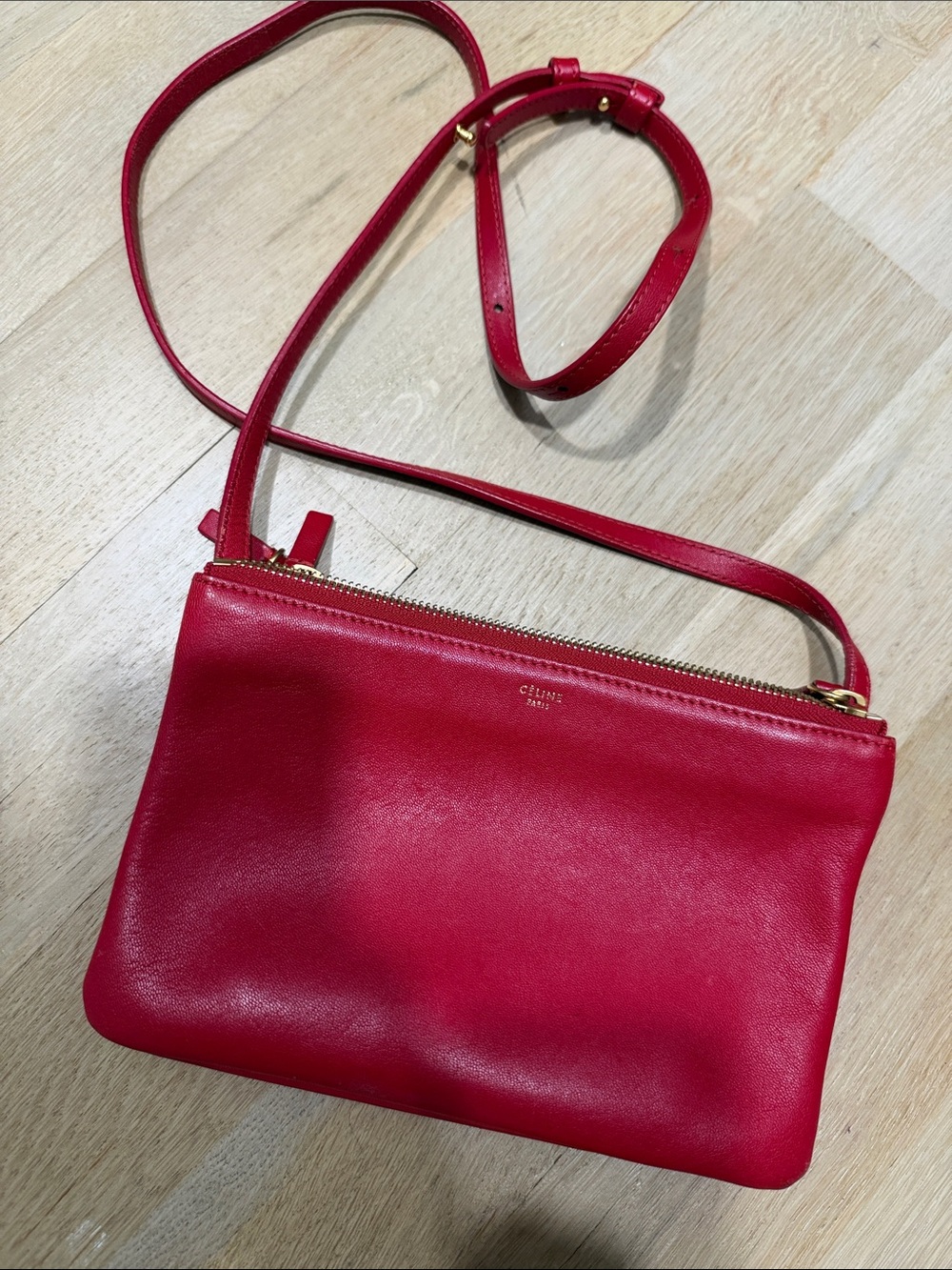 Celine Red Leather Crossbody Trio Pouch